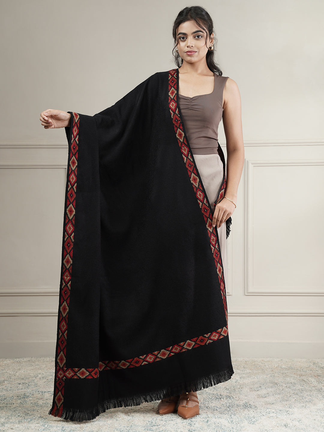 Woollen Plain Shawl with Single Woven Kullu Border | Black