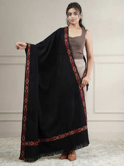 Woollen Plain Shawl with Single Woven Kullu Border | Black