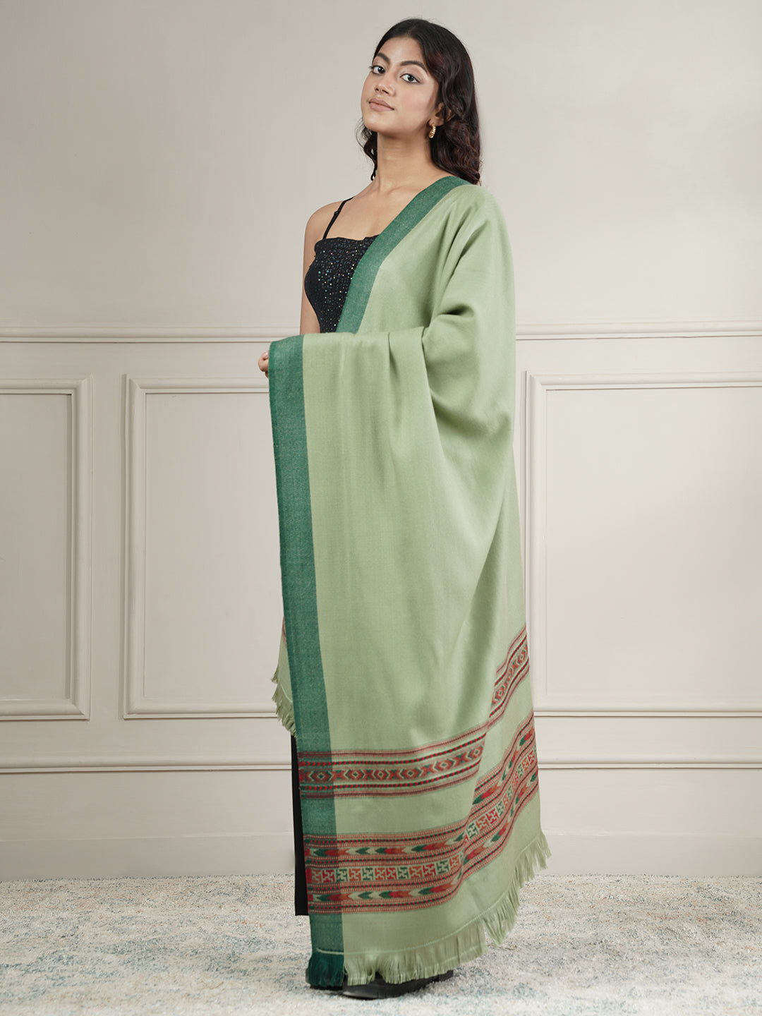 Woollen Plain Kullu Warm Shawl with Border Design | Light Green