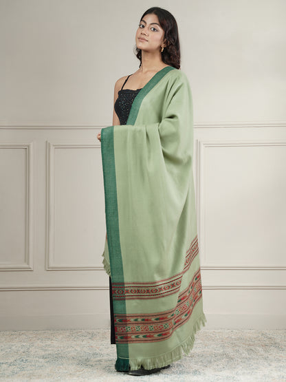 Woollen Plain Kullu Warm Shawl with Border Design | Light Green