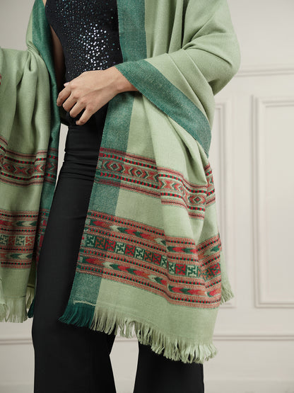 Woollen Plain Kullu Warm Shawl with Border Design | Light Green