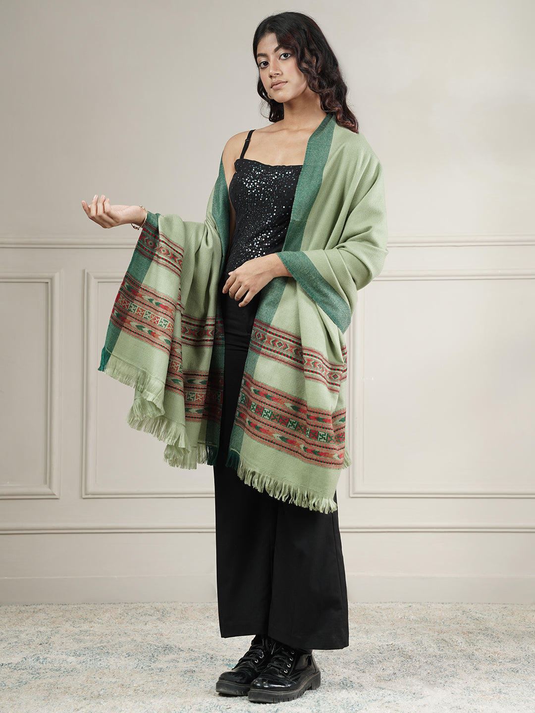 Woollen Plain Kullu Warm Shawl with Border Design | Light Green