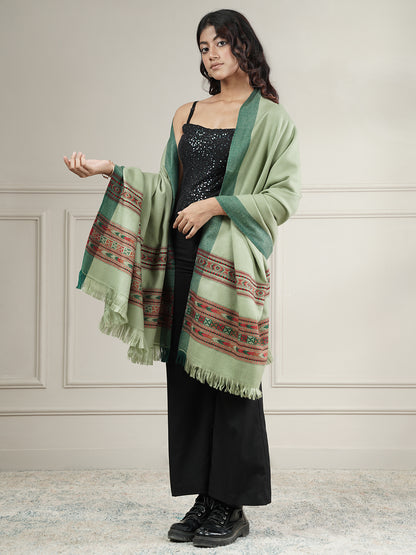 Woollen Plain Kullu Warm Shawl with Border Design | Light Green