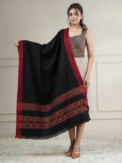 Woolen Plain Kullu Warm Shawl with Border Design | Black