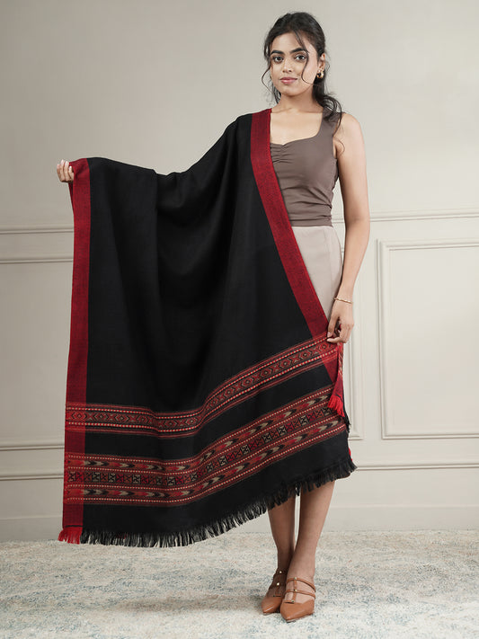 Woolen Plain Kullu Warm Shawl with Border Design | Black