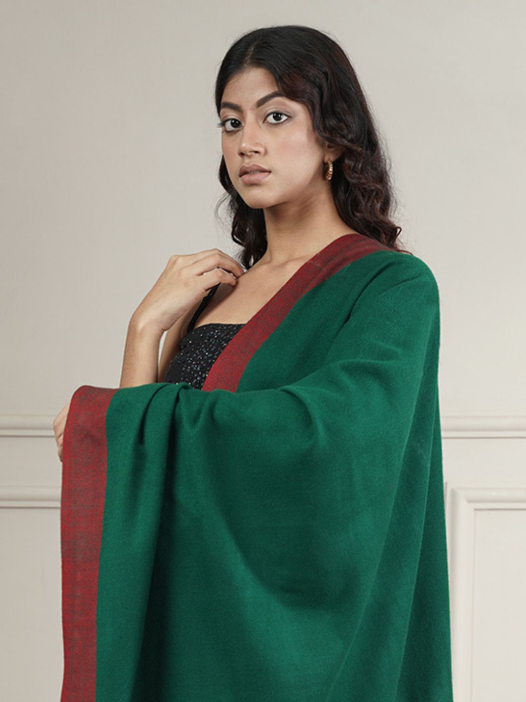 Woollen Plain Kullu Warm Shawl with Border Design | Dark Green