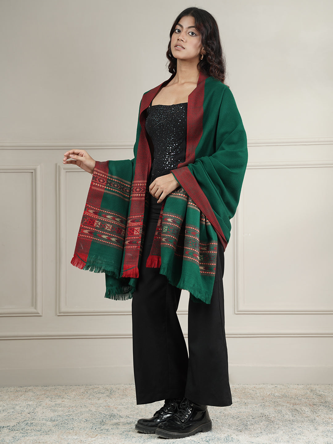 Woollen Plain Kullu Warm Shawl with Border Design | Dark Green