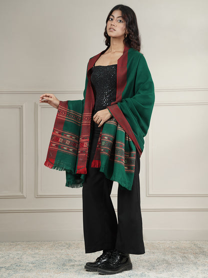Woollen Plain Kullu Warm Shawl with Border Design | Dark Green