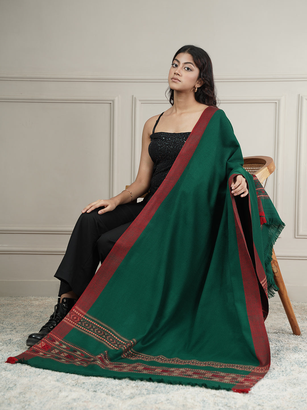Woollen Plain Kullu Warm Shawl with Border Design | Dark Green
