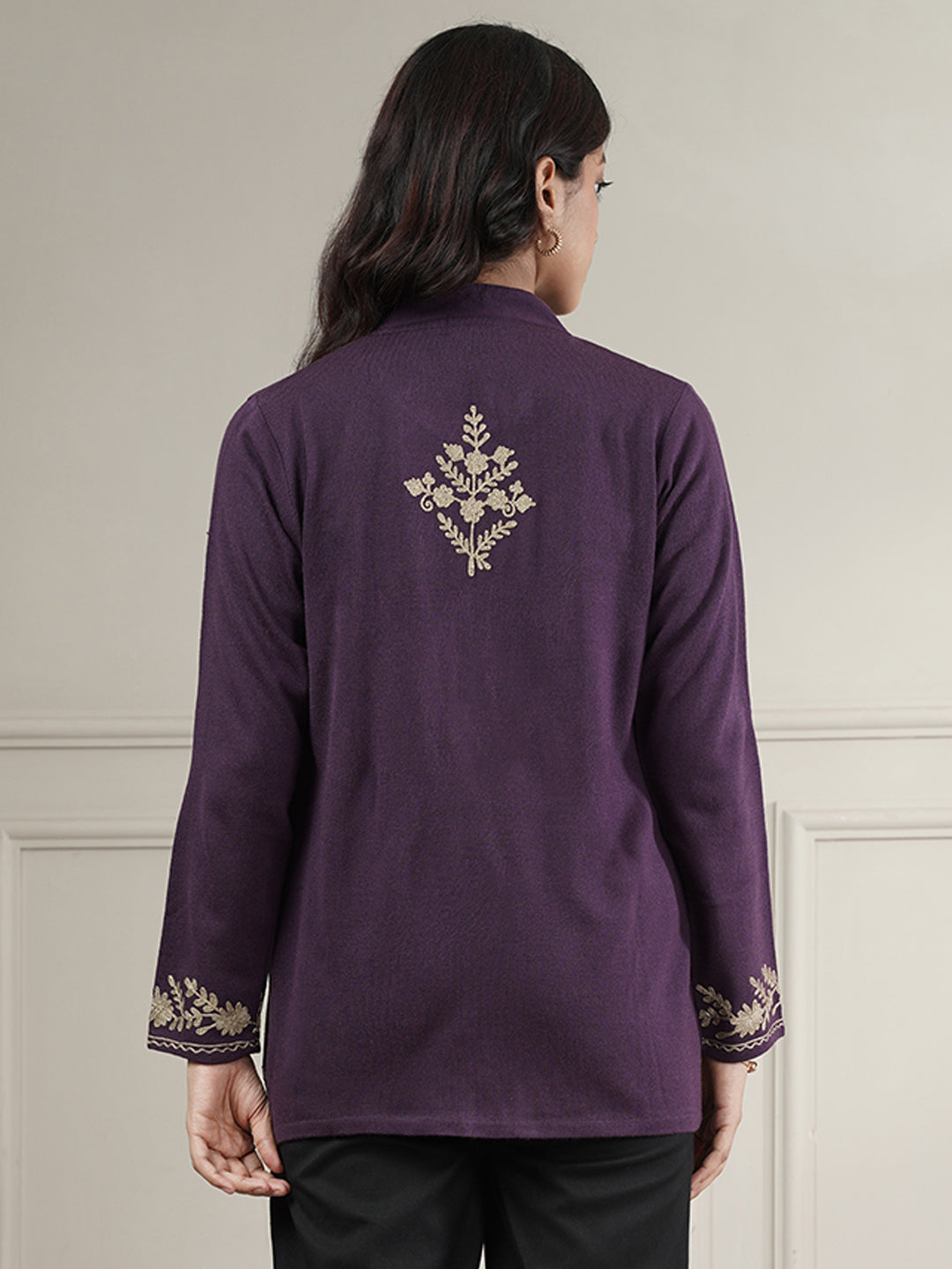 Knitted Short Shrug with Zari Embroidery | Purple