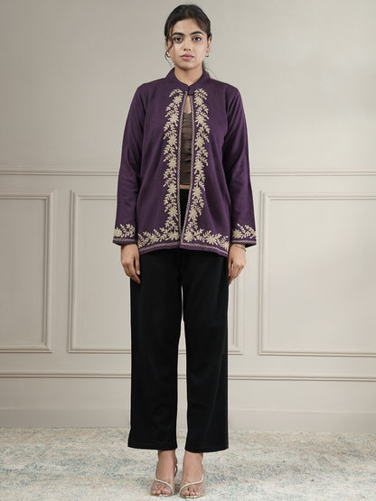 Knitted Short Shrug with Zari Embroidery | Purple