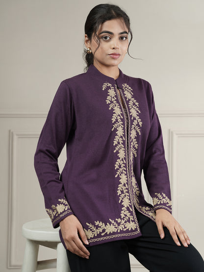 Knitted Short Shrug with Zari Embroidery | Purple