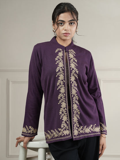 Knitted Short Shrug with Zari Embroidery | Purple