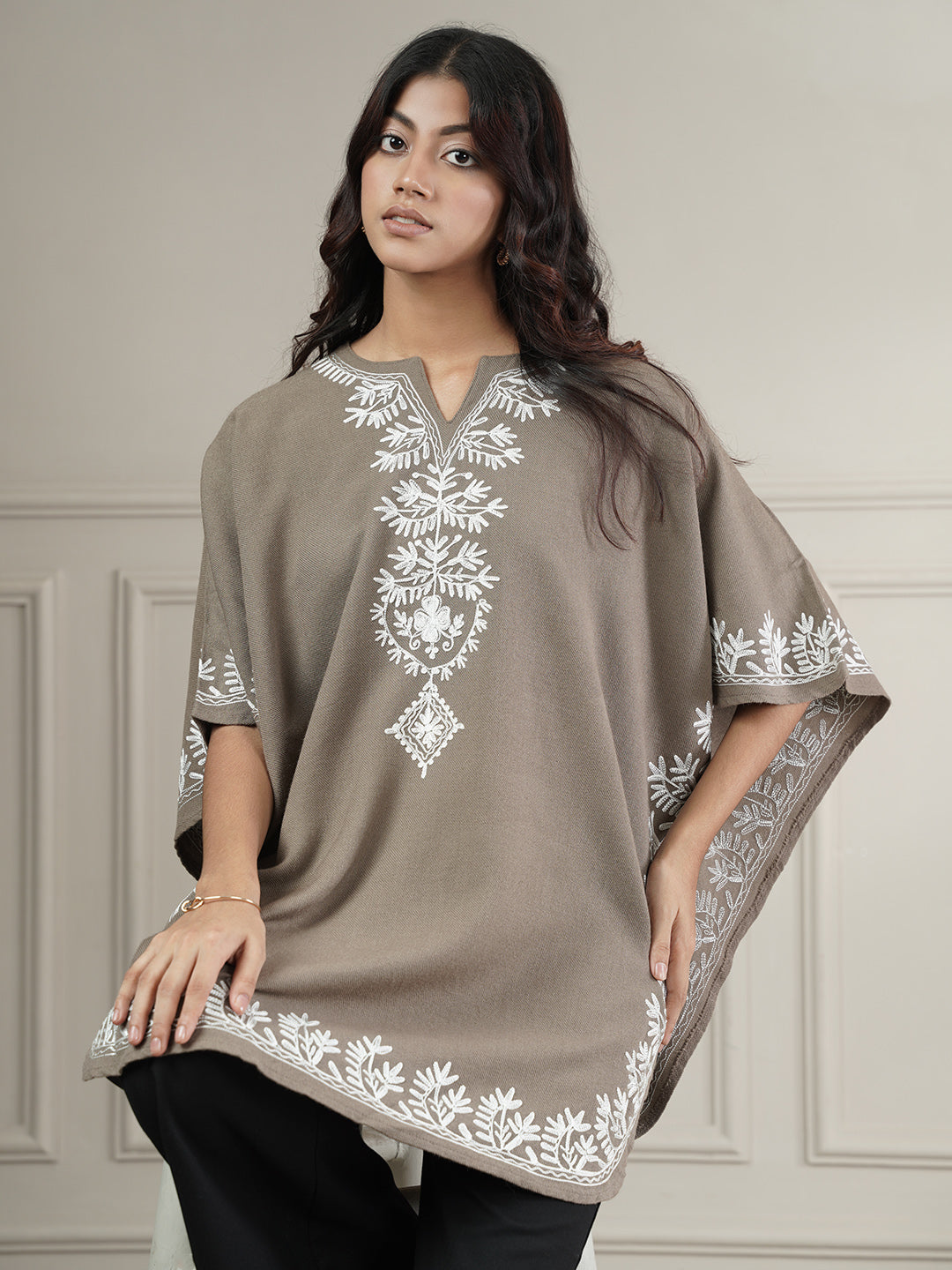 Woollen Aari Embroidered Kaftan Style Poncho for Winter | Beige