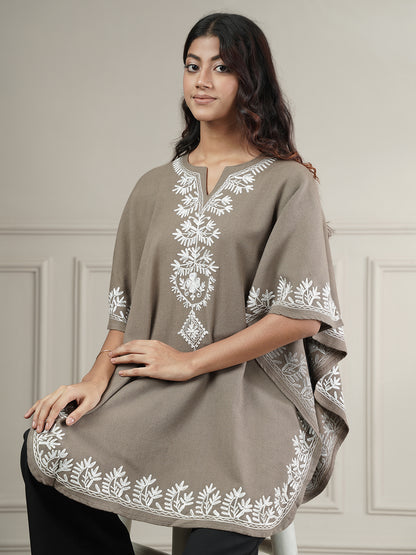Woollen Aari Embroidered Kaftan Style Poncho for Winter | Beige
