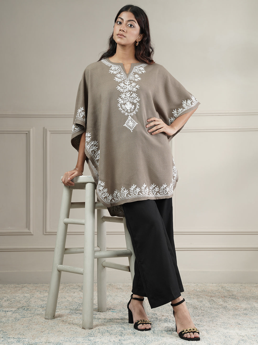 Woollen Aari Embroidered Kaftan Style Poncho for Winter | Beige