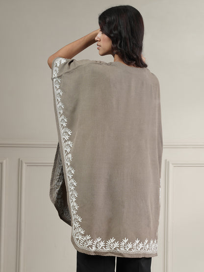 Woollen Aari Embroidered Kaftan Style Poncho for Winter | Beige