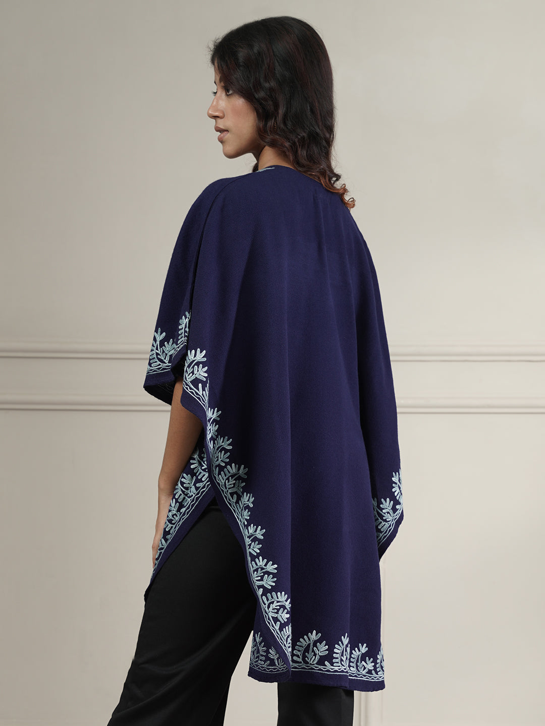 Woollen Aari Embroidered Kaftan Style Poncho for Winter | Navy Blue