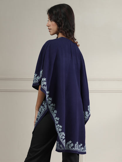 Woollen Aari Embroidered Kaftan Style Poncho for Winter | Navy Blue
