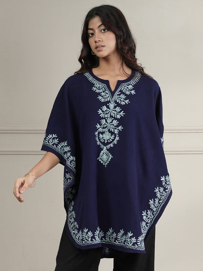Woollen Aari Embroidered Kaftan Style Poncho for Winter | Navy Blue