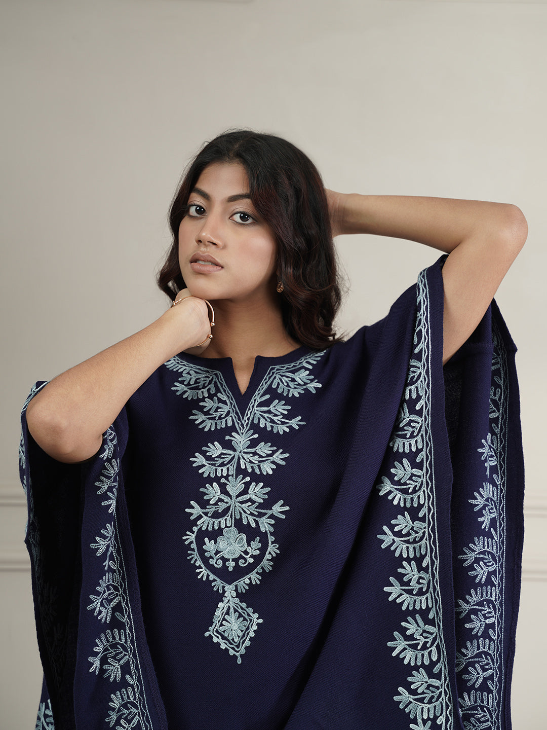 Woollen Aari Embroidered Kaftan Style Poncho for Winter | Navy Blue