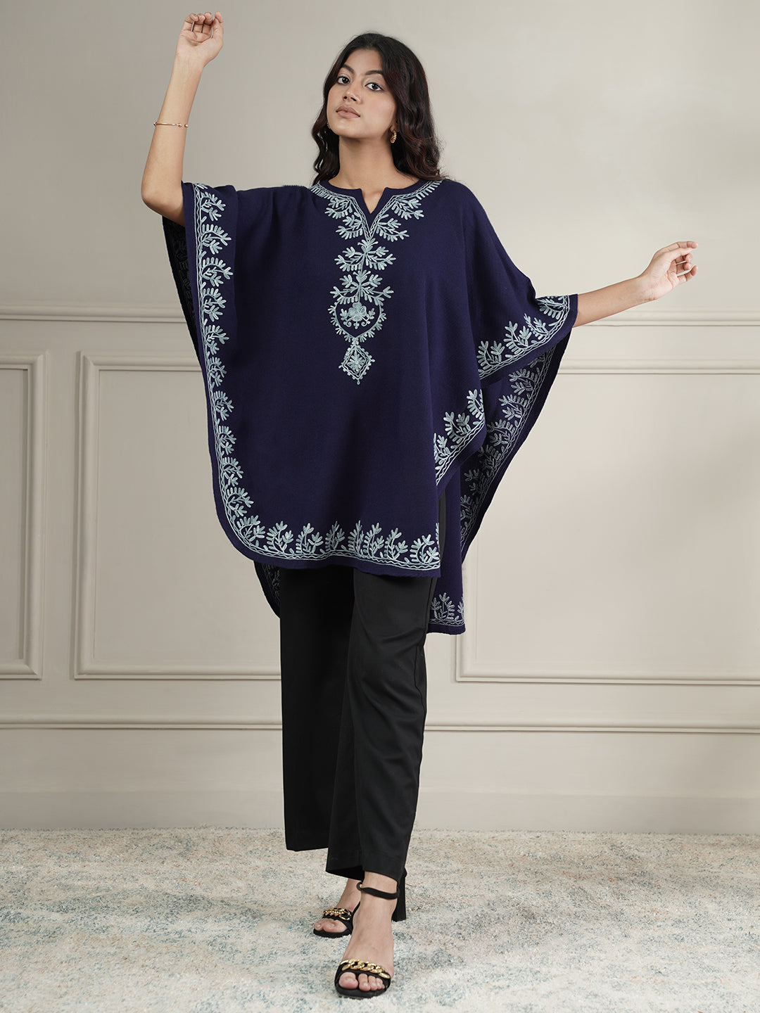 Woollen Aari Embroidered Kaftan Style Poncho for Winter | Navy Blue