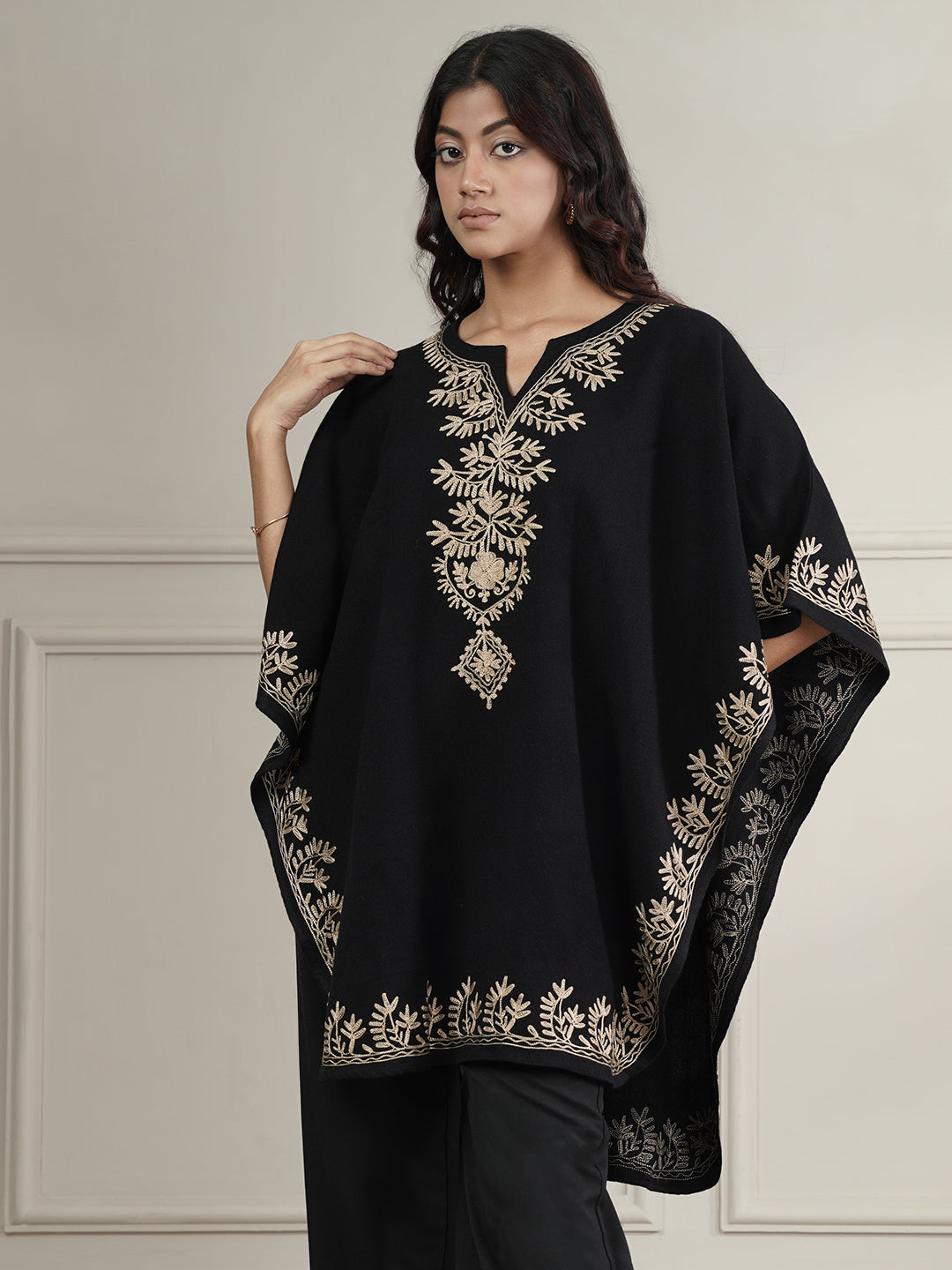 Woollen Aari Embroidered Kaftan Style Poncho for Winter | Black
