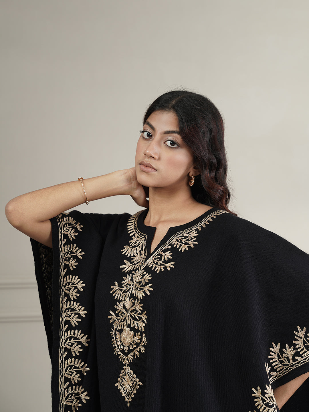 Woollen Aari Embroidered Kaftan Style Poncho for Winter | Black