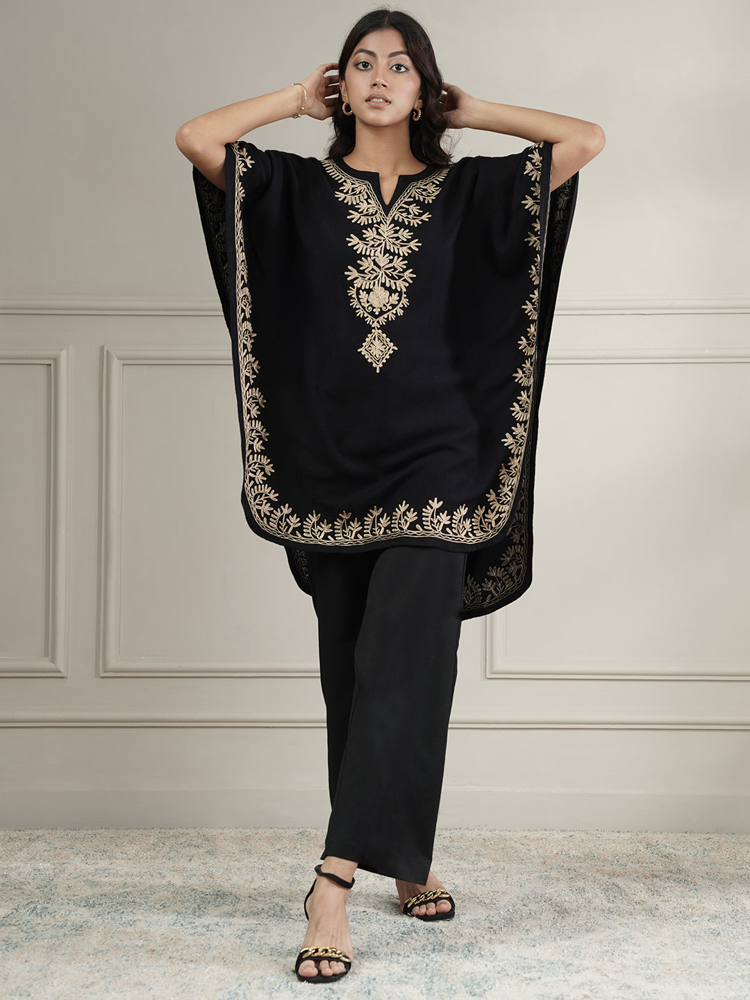 Woollen Aari Embroidered Kaftan Style Poncho for Winter | Black