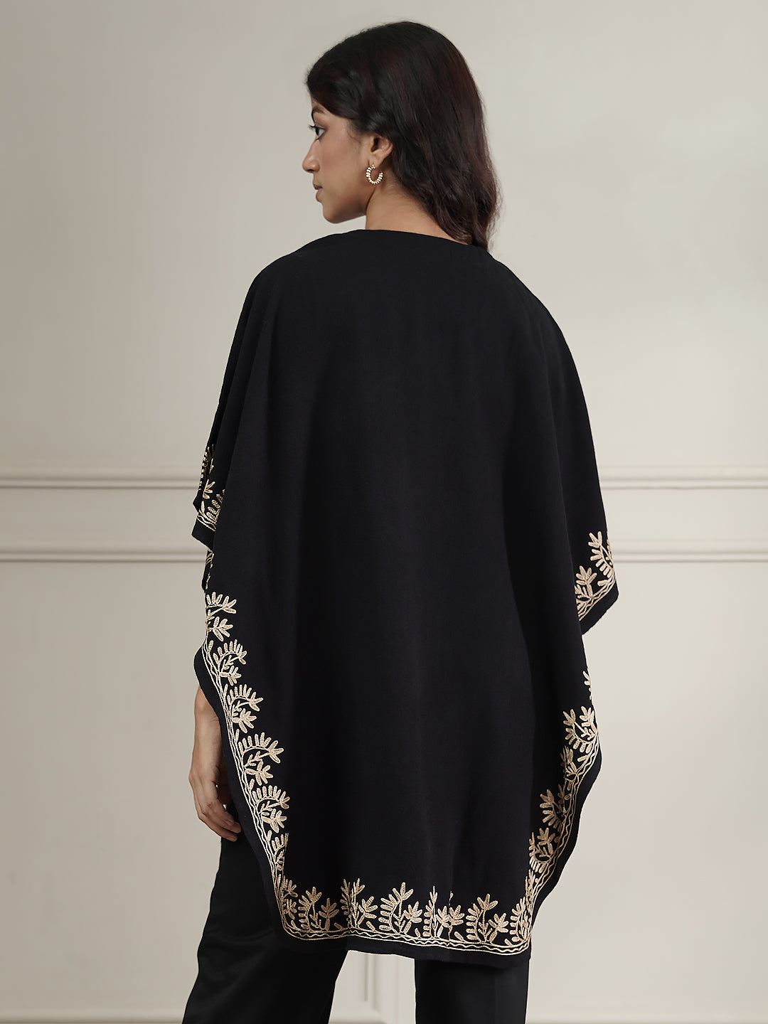 Woollen Aari Embroidered Kaftan Style Poncho for Winter | Black