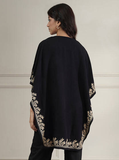 Woollen Aari Embroidered Kaftan Style Poncho for Winter | Black