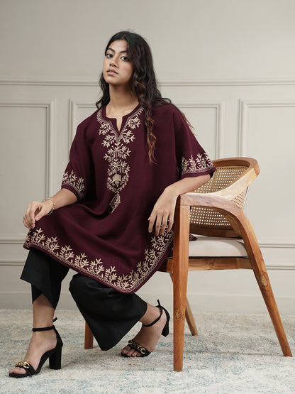 Woollen Aari Embroidered Kaftan Style Poncho for Winter | Wine