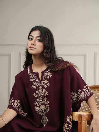 Woollen Aari Embroidered Kaftan Style Poncho for Winter | Wine