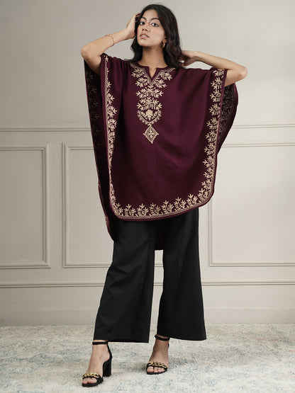 Woollen Aari Embroidered Kaftan Style Poncho for Winter | Wine