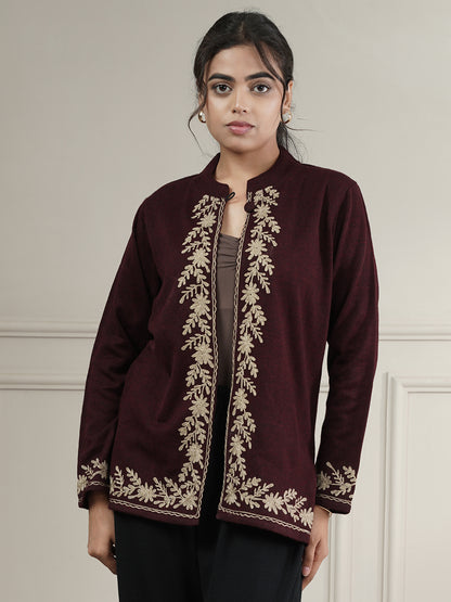 Knitted Short Shrug with Zari Embroidery | Wine