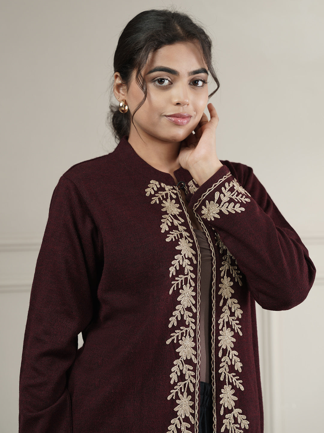 Knitted Short Shrug with Zari Embroidery | Wine