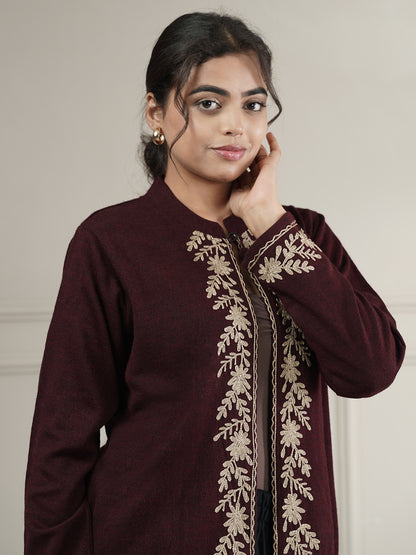 Knitted Short Shrug with Zari Embroidery | Wine