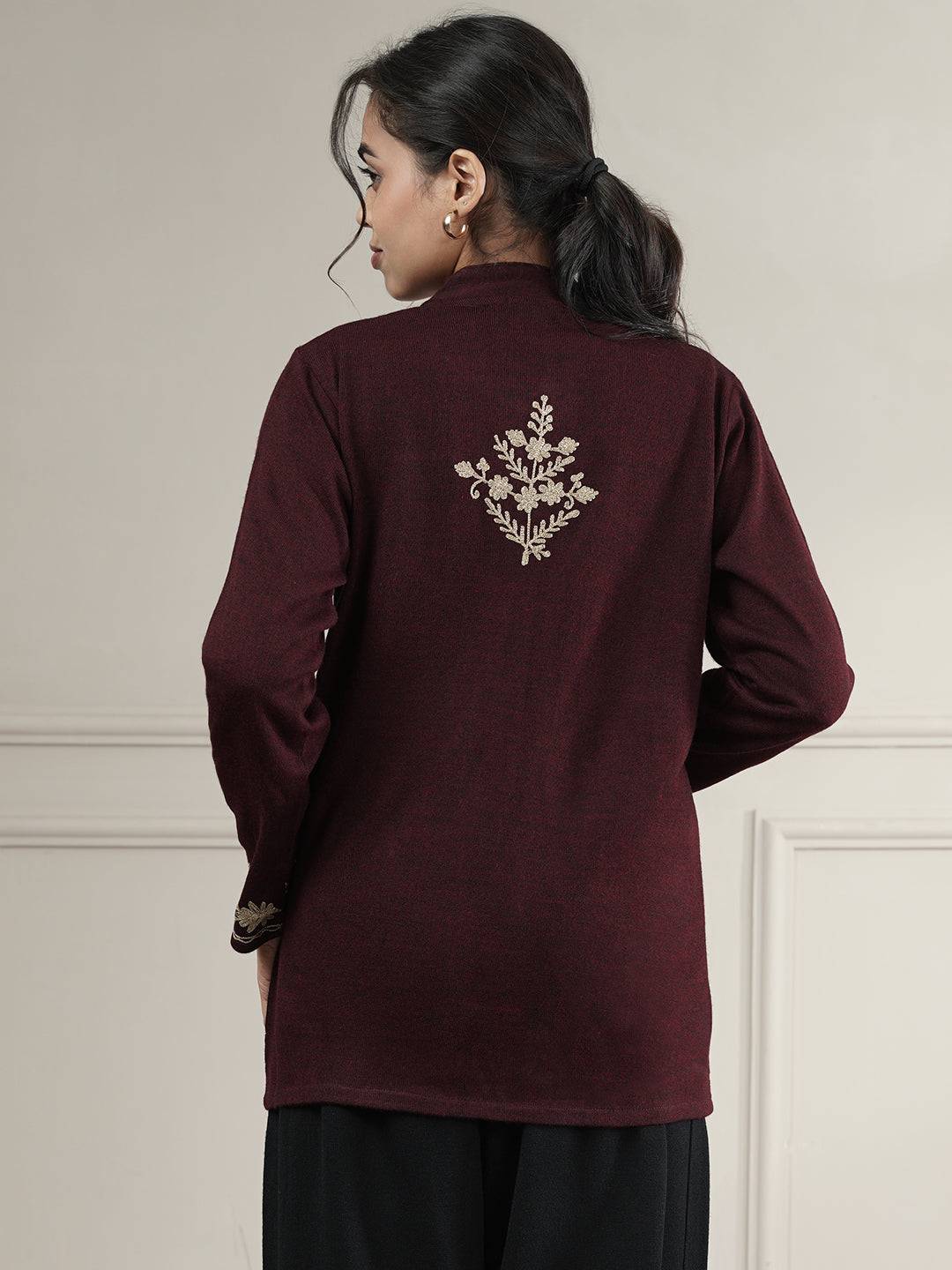 Knitted Short Shrug with Zari Embroidery | Wine