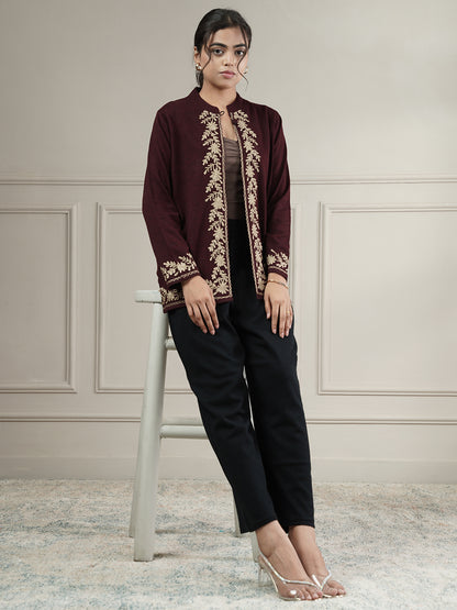Knitted Short Shrug with Zari Embroidery | Wine