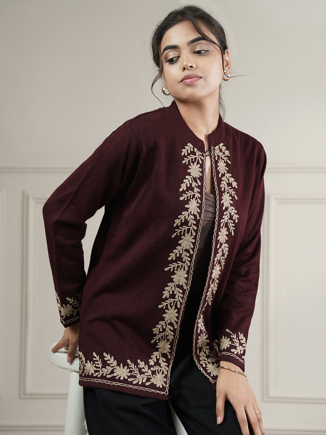Knitted Short Shrug with Zari Embroidery | Wine