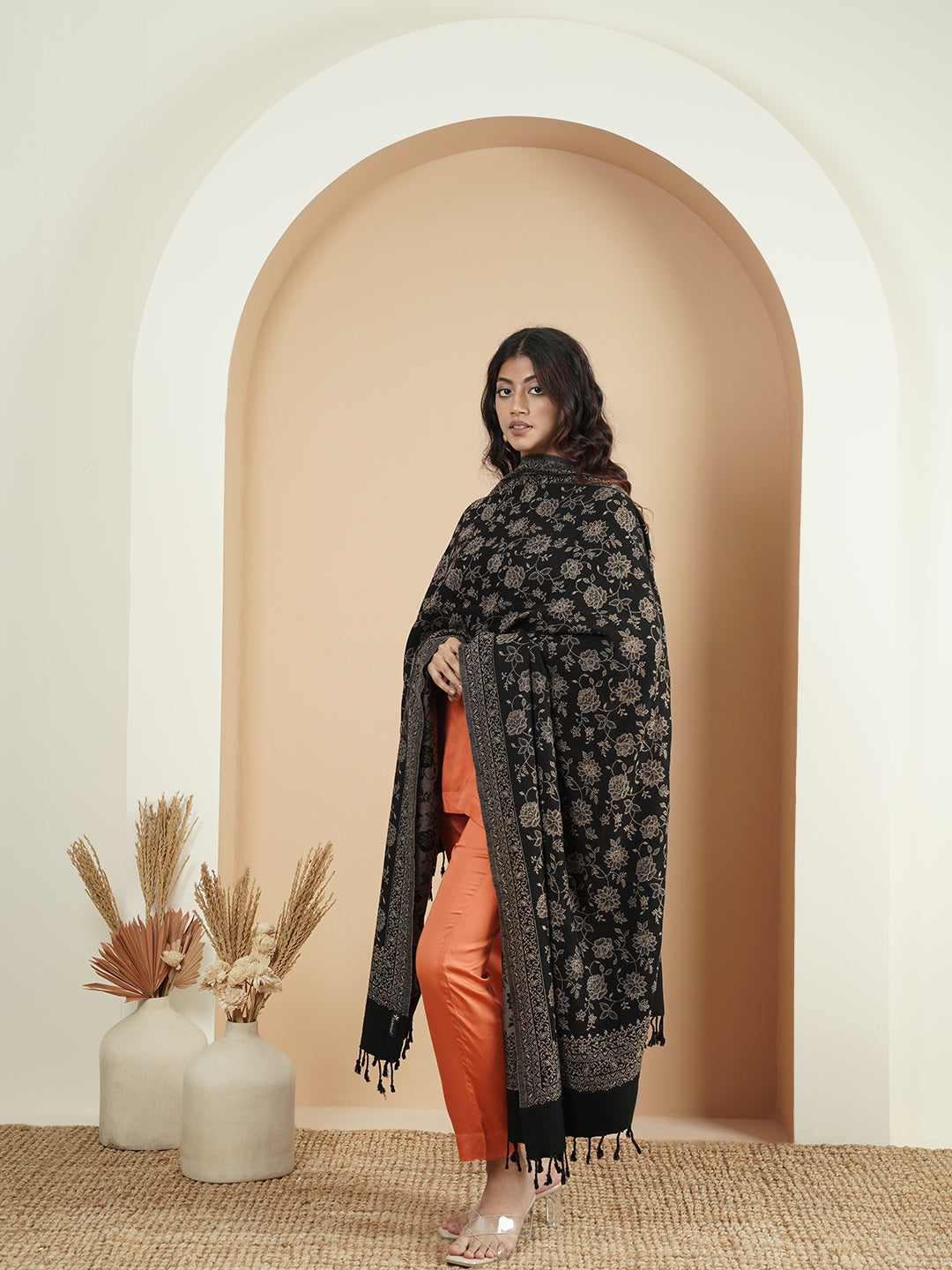 Premium Kani Reversible Woollen Shawl for Women with Floral Patterns and Tasselled Border | Black