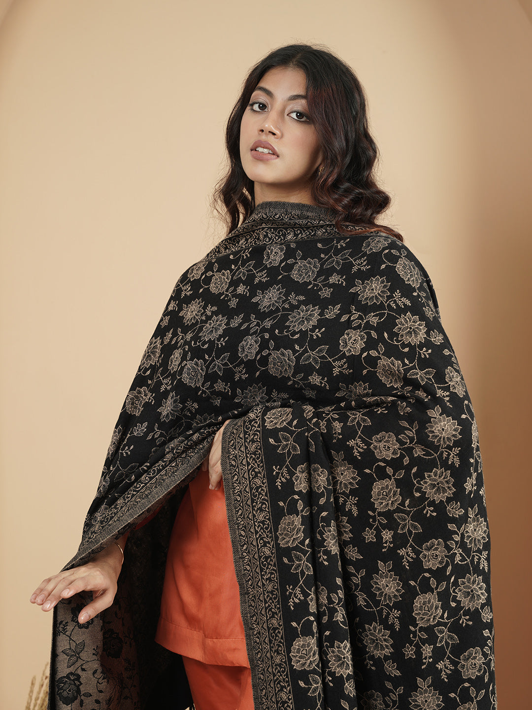 Premium Kani Reversible Woollen Shawl for Women with Floral Patterns and Tasselled Border | Black
