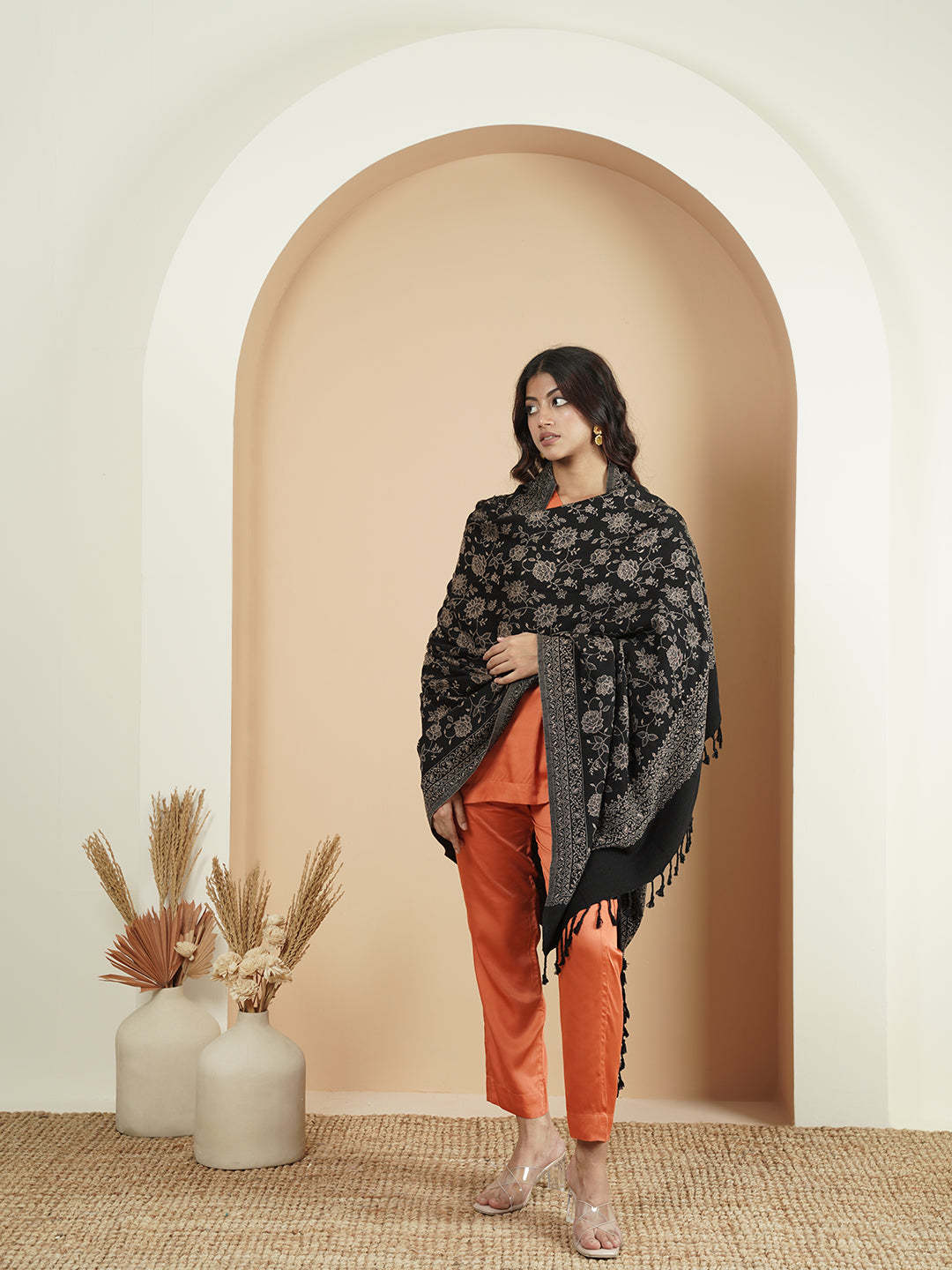 Premium Kani Reversible Woollen Shawl for Women with Floral Patterns and Tasselled Border | Black