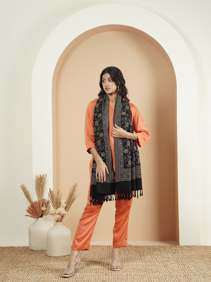 Premium Kani Reversible Woollen Shawl for Women with Floral Patterns and Tasselled Border | Black