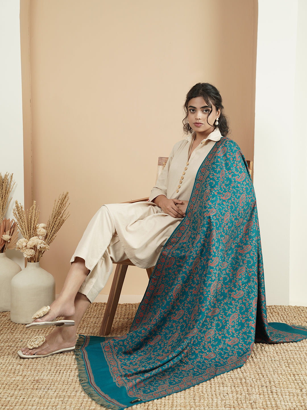 Woollen Kani Shawl with All-Over Kashmiri Paisley & Floral Woven Patterns with Fringed Border | Blue