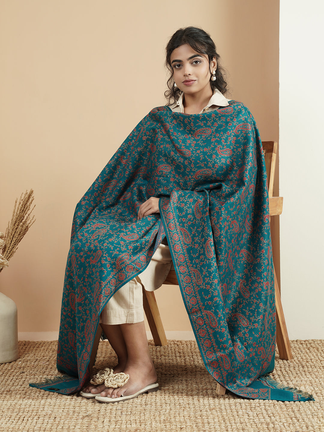 Woollen Kani Shawl with All-Over Kashmiri Paisley & Floral Woven Patterns with Fringed Border | Blue