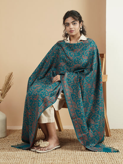 Woollen Kani Shawl with All-Over Kashmiri Paisley & Floral Woven Patterns with Fringed Border | Blue