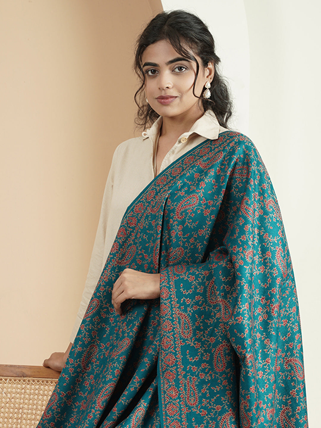 Woollen Kani Shawl with All-Over Kashmiri Paisley & Floral Woven Patterns with Fringed Border | Blue