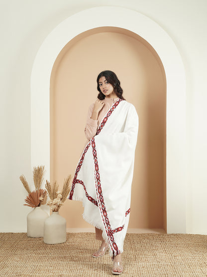 Woollen Plain Shawl with Single Woven Kullu Border | White