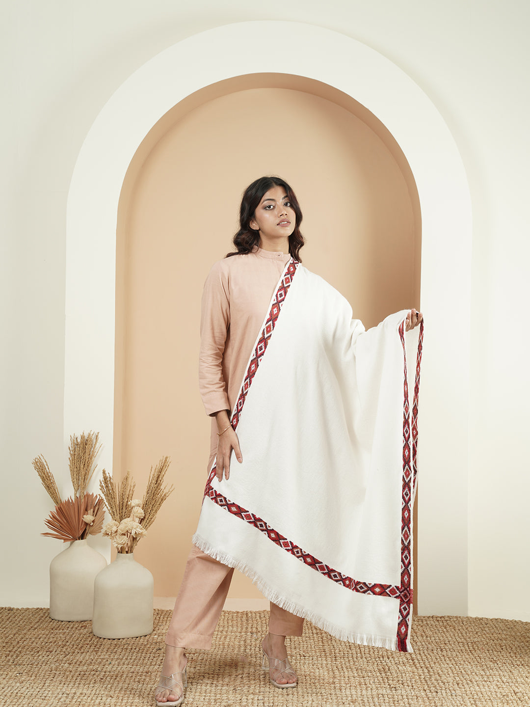 Woollen Plain Shawl with Single Woven Kullu Border | White